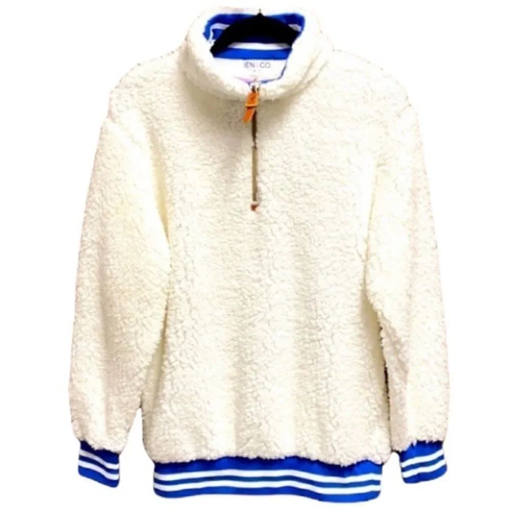 Jen & Co. White & Blue Quarter Zip Sherpa Pullover